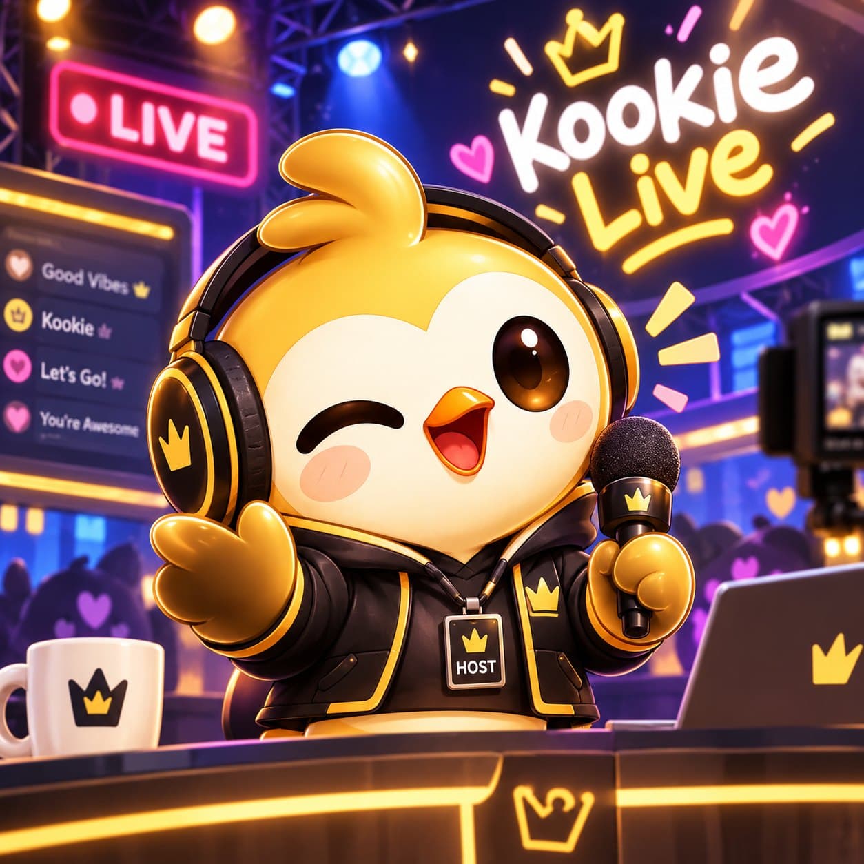 Maskot Kookie versi Host: anak ayam kuning pakai headphone dan mikrofon di panggung LIVE